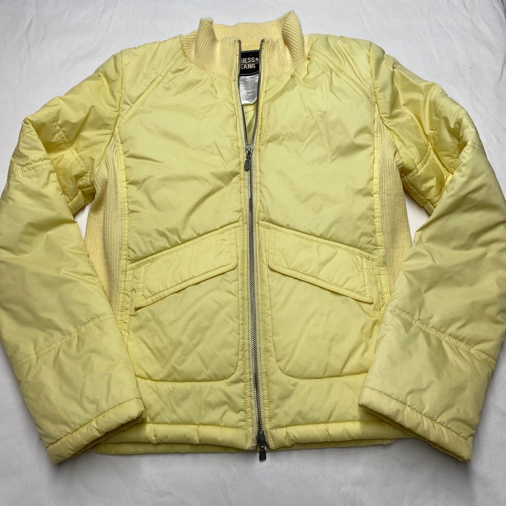 Guess Jeans Women Yellow Quilted Puffer Jacket Ribbed Knit Panels QP44N827 Small